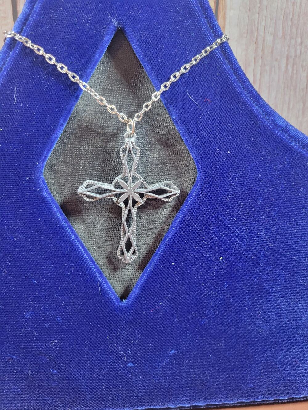 Vintage ornate cross necklace, stainless steel 24"chain